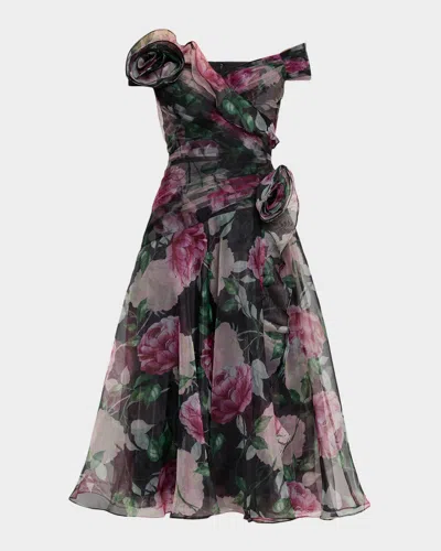 Rickie Freeman For Teri Jon Off-shoulder Pleated Organza Midi Dress In Black