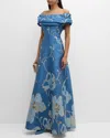 Rickie Freeman For Teri Jon Off-shoulder Metallic Flower Jacquard Gown In Peacock Go