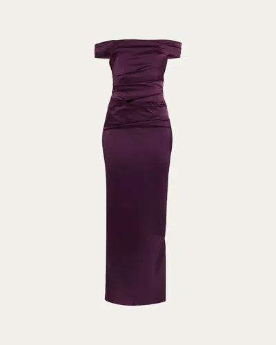 Rickie Freeman For Teri Jon Off-shoulder Satin Column Gown In Purple