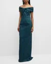 Rickie Freeman For Teri Jon Off-shoulder Stretch Jacquard Column Gown In Greenblue