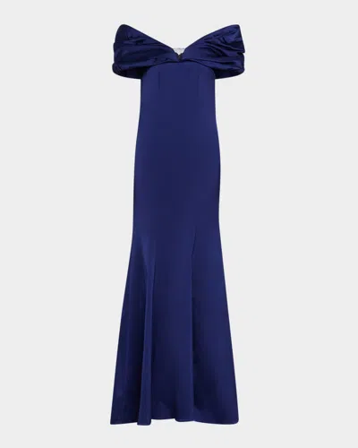 Rickie Freeman For Teri Jon Off-shoulder Stretch Satin Gown In Sapphire