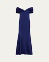 Rickie Freeman For Teri Jon Off-shoulder Stretch Satin Gown In Sapphire