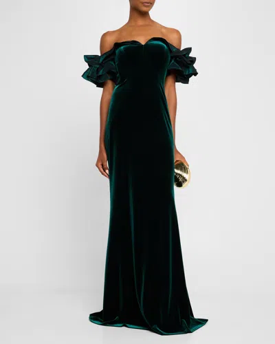 Rickie Freeman For Teri Jon Off-shoulder Stretch Velvet Gown In Forest