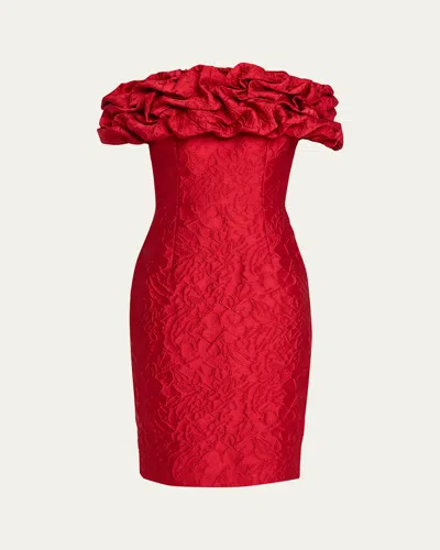 Rickie Freeman For Teri Jon Off-shoulder Textured Jacquard Dress In Red