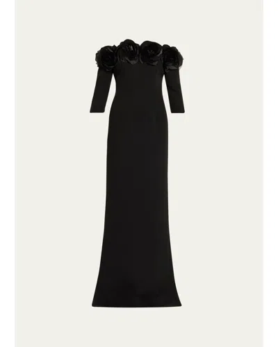 Rickie Freeman For Teri Jon Off-shoulder Applique Column Gown In Black