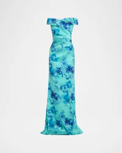 Rickie Freeman For Teri Jon Off-shoulder Floral Gazar Column Gown In Blue