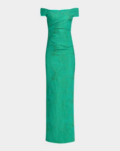 Rickie Freeman For Teri Jon Off-shoulder Metallic Jacquard Column Gown In Green