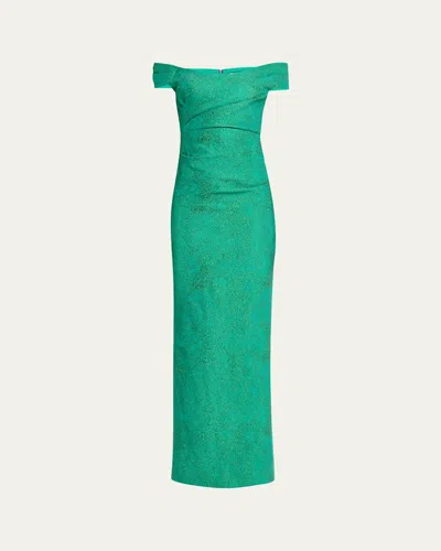 Rickie Freeman For Teri Jon Off-shoulder Metallic Jacquard Column Gown In Green
