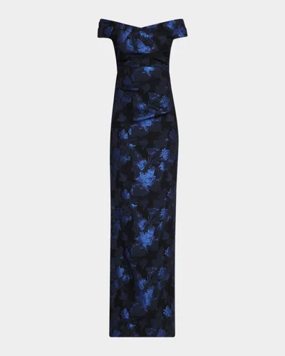 Rickie Freeman For Teri Jon Off-shoulder Metallic Jacquard Column Gown In Blue
