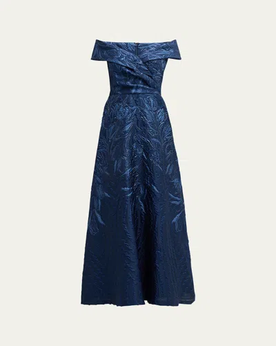 Rickie Freeman For Teri Jon Off-shoulder Metallic Jacquard Gown In Blue
