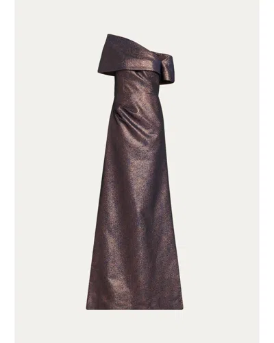 Rickie Freeman For Teri Jon Off-shoulder Metallic Jacquard Gown In Brown