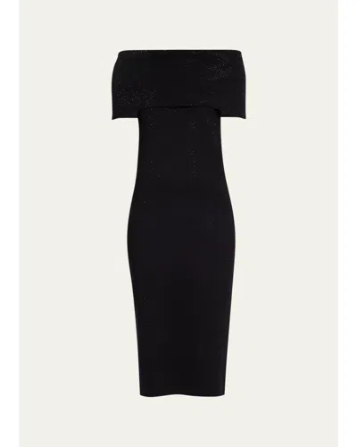 Rickie Freeman For Teri Jon Off-shoulder Rhinestone Bodycon Midi Dress In Black