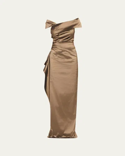 Rickie Freeman For Teri Jon Off-shoulder Stretch Taffeta Column Gown In Brown
