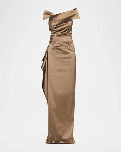 Rickie Freeman For Teri Jon Off-shoulder Stretch Taffeta Column Gown In Animal Print