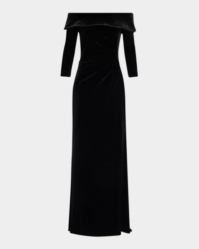 Rickie Freeman For Teri Jon Off-shoulder Stretch Vevlet Column Gown In Black
