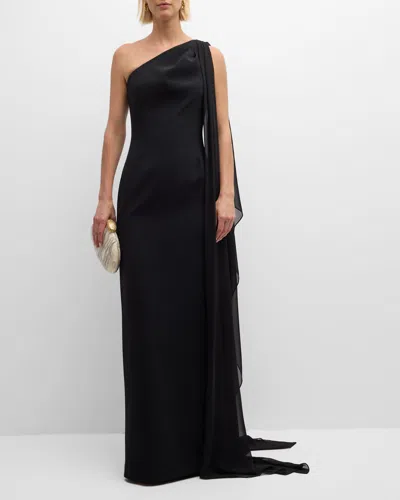 Rickie Freeman For Teri Jon One-shoulder Draped Column Gown In Black