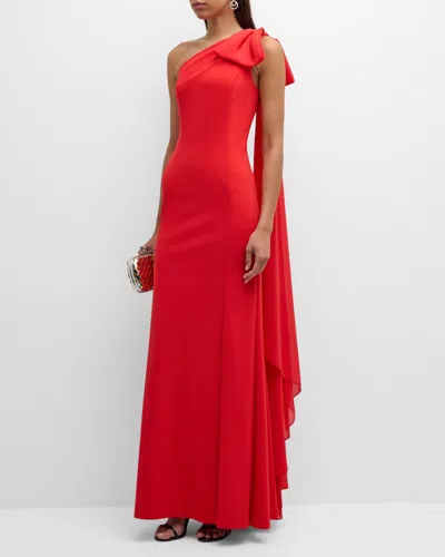 Rickie Freeman For Teri Jon One-shoulder Draped Column Gown In Tomato Red