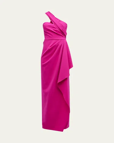 Rickie Freeman For Teri Jon One-shoulder Draped Stretch Crepe Gown In Hot Pink