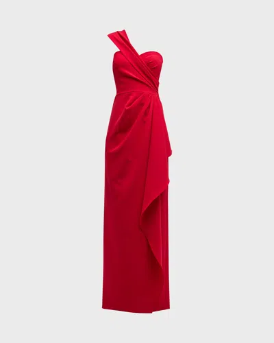 RICKIE FREEMAN FOR TERI JON ONE-SHOULDER DRAPED STRETCH CREPE GOWN
