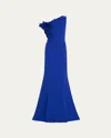 Rickie Freeman For Teri Jon One-shoulder Floral Applique Crepe Mermaid Gown In Blue