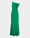 Rickie Freeman For Teri Jon One-shoulder Floral Applique Stretch Crepe Gown In Green