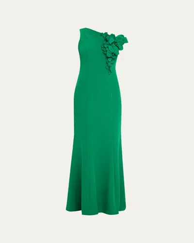 Rickie Freeman For Teri Jon One-shoulder Floral Applique Stretch Crepe Gown In Green