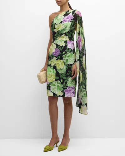 Rickie Freeman For Teri Jon One-shoulder Floral-print Dress In Black Mult