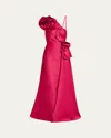 Rickie Freeman For Teri Jon One-shoulder Flower Jacquard Gown In Berry
