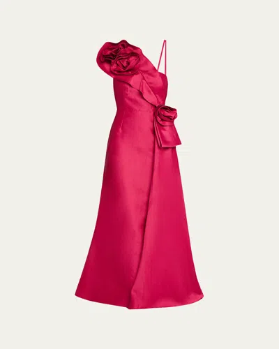RICKIE FREEMAN FOR TERI JON ONE-SHOULDER FLOWER JACQUARD GOWN