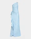 Rickie Freeman For Teri Jon One-shoulder Jacquard Side-ruffle Gown