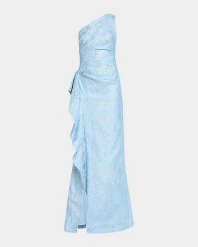 Rickie Freeman For Teri Jon One-shoulder Jacquard Side-ruffle Gown