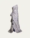 Rickie Freeman For Teri Jon One-shoulder Jacquard Side-ruffle Gown In Animal Print
