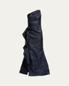 Rickie Freeman For Teri Jon One-shoulder Jacquard Side-ruffle Gown In Blue