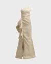 Rickie Freeman For Teri Jon One-shoulder Jacquard Side-ruffle Gown In Gold