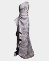 Rickie Freeman For Teri Jon One-shoulder Jacquard Side-ruffle Gown In Silver