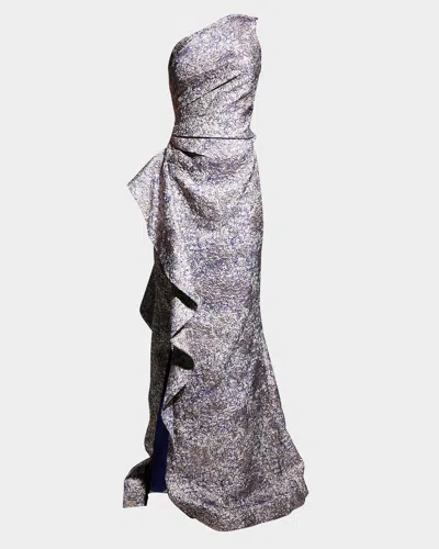 Rickie Freeman For Teri Jon One-shoulder Jacquard Side-ruffle Gown In Silver