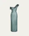 Rickie Freeman For Teri Jon One-shoulder Metallic Jacquard Column Gown In Teal Multi