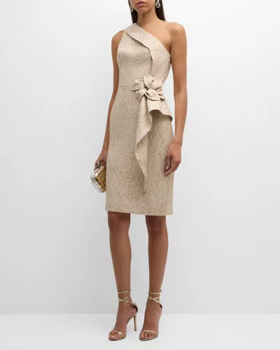 Rickie Freeman For Teri Jon One-shoulder Metallic Jacquard Dress In Gold