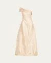Rickie Freeman For Teri Jon One-shoulder Metallic Jacquard Gown In Ivorygold
