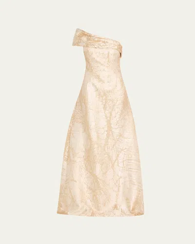 Rickie Freeman For Teri Jon One-shoulder Metallic Jacquard Gown In Ivorygold