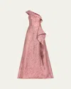 Rickie Freeman For Teri Jon One-shoulder Metallic Jacquard Gown In Red Multi