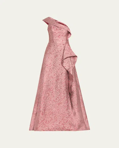 Rickie Freeman For Teri Jon One-shoulder Metallic Jacquard Gown In Red Multi