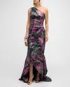 RICKIE FREEMAN FOR TERI JON ONE-SHOULDER METALLIC JACQUARD MERMAID GOWN