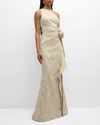 Rickie Freeman For Teri Jon One-shoulder Metallic Jacquard Trumpet Gown In Gold