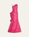 Rickie Freeman For Teri Jon One-shoulder Metallic Jacquard Trumpet Gown In Hot Pink