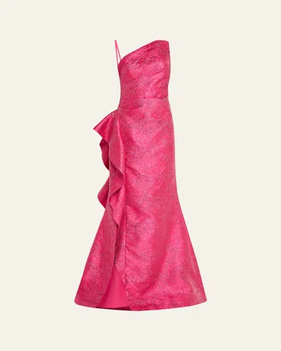 Rickie Freeman For Teri Jon One-shoulder Metallic Jacquard Trumpet Gown In Hot Pink