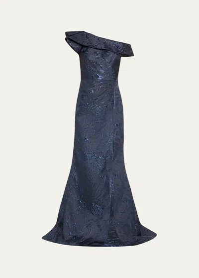 Rickie Freeman For Teri Jon One-shoulder Metallic Jacquard Trumpet Gown In Sapphire