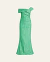 Rickie Freeman For Teri Jon One-shoulder Metallic Stretch Jacquard Gown In Green