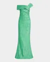 Rickie Freeman For Teri Jon One-shoulder Metallic Stretch Jacquard Gown In Green