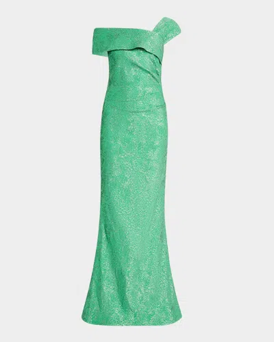 Rickie Freeman For Teri Jon One-shoulder Metallic Stretch Jacquard Gown In Green